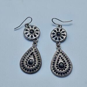 Black Rhinestone Silver Tone Teardrop‎ Dangle Earrings Hook Boho Goth Statement